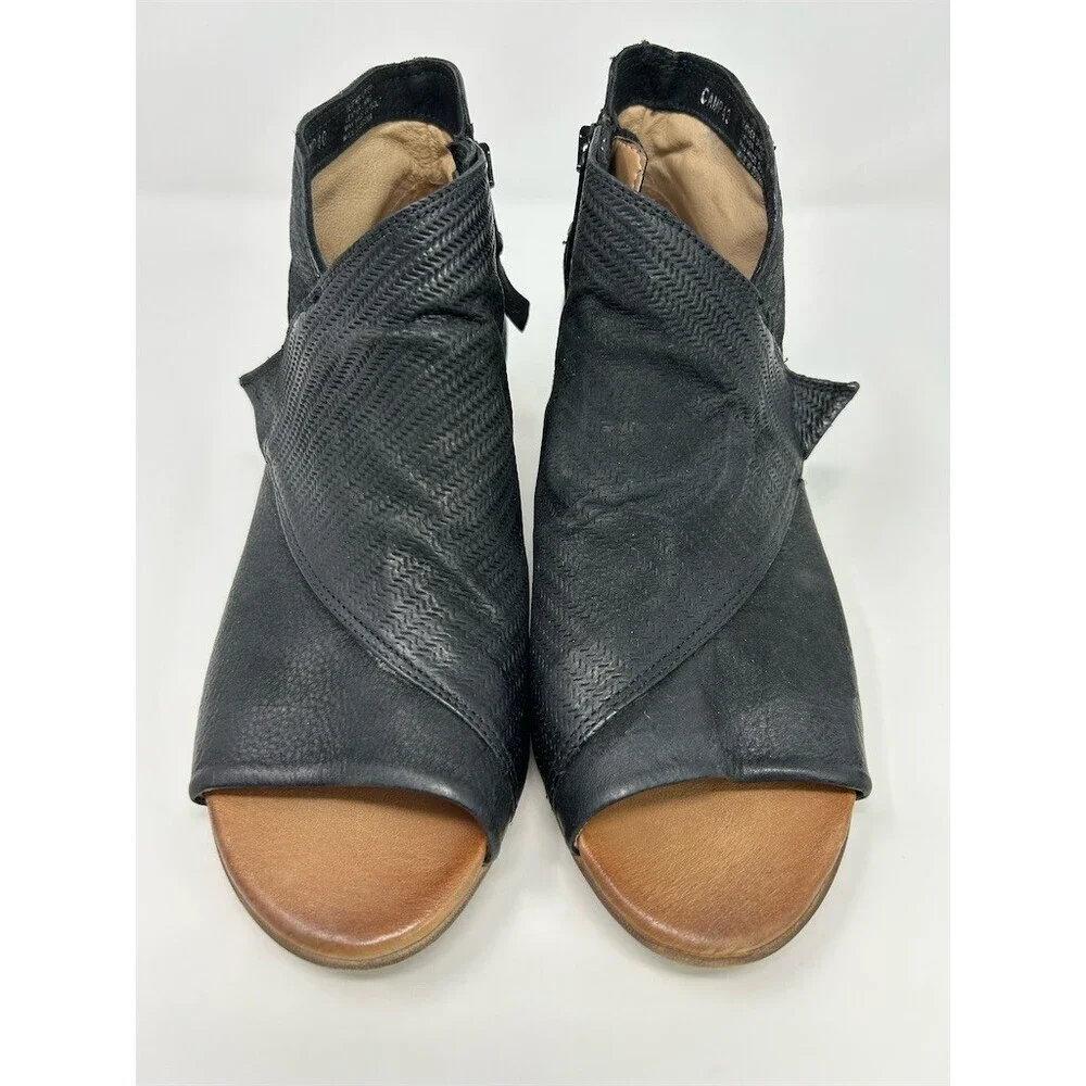 Miz Mooz Camp Ankle Booties Womens Black Peep Toe Side Zip Low Block Heel 40